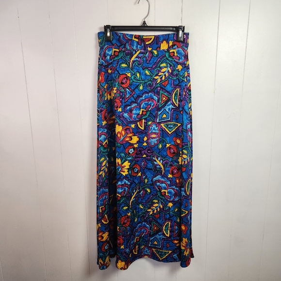 Vintage 90s Blue Funky Print Midi Skirt 1990s High Waisted Summer 100% Silk Sz 8 - Picture 2 of 7